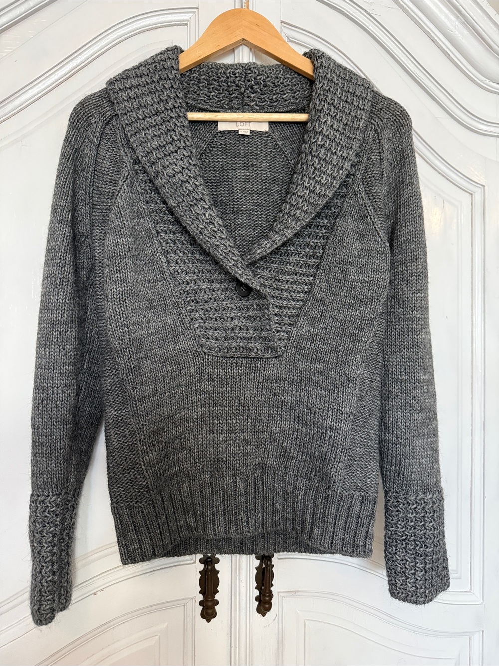 LOFT Gray Alpaca Wool Blend Shawl Collar One Button Sweater Cozy Soft Women’s S